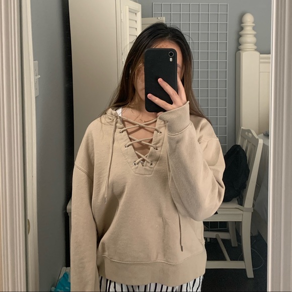 Tan lace up hoodie - Picture 1 of 3